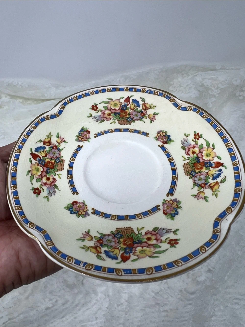Victoria Floral Basket Pattern Saucer in Pareek scalloped shape